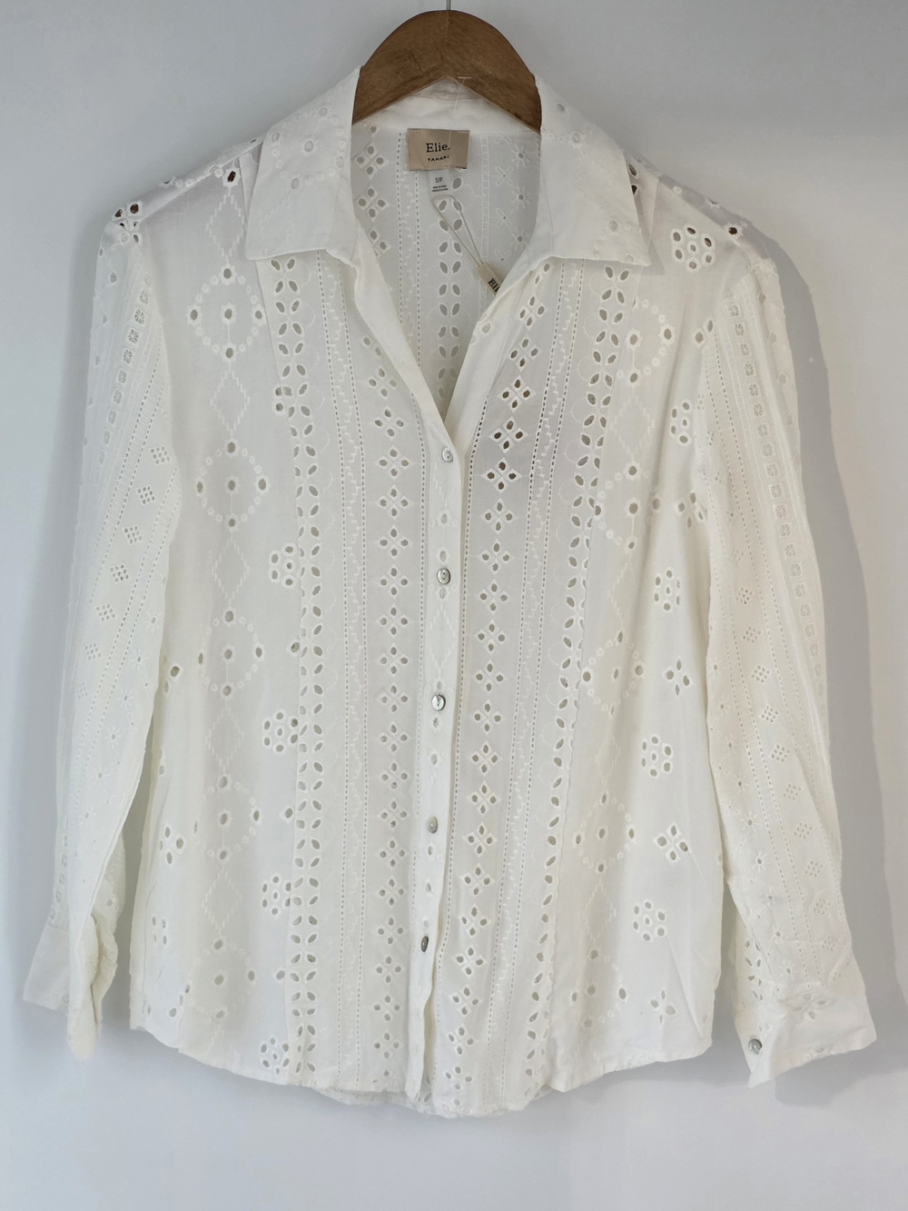 Elie Tahari White Eyelet Lace Button-Up Long Sleeve Blouse Womens Size Small